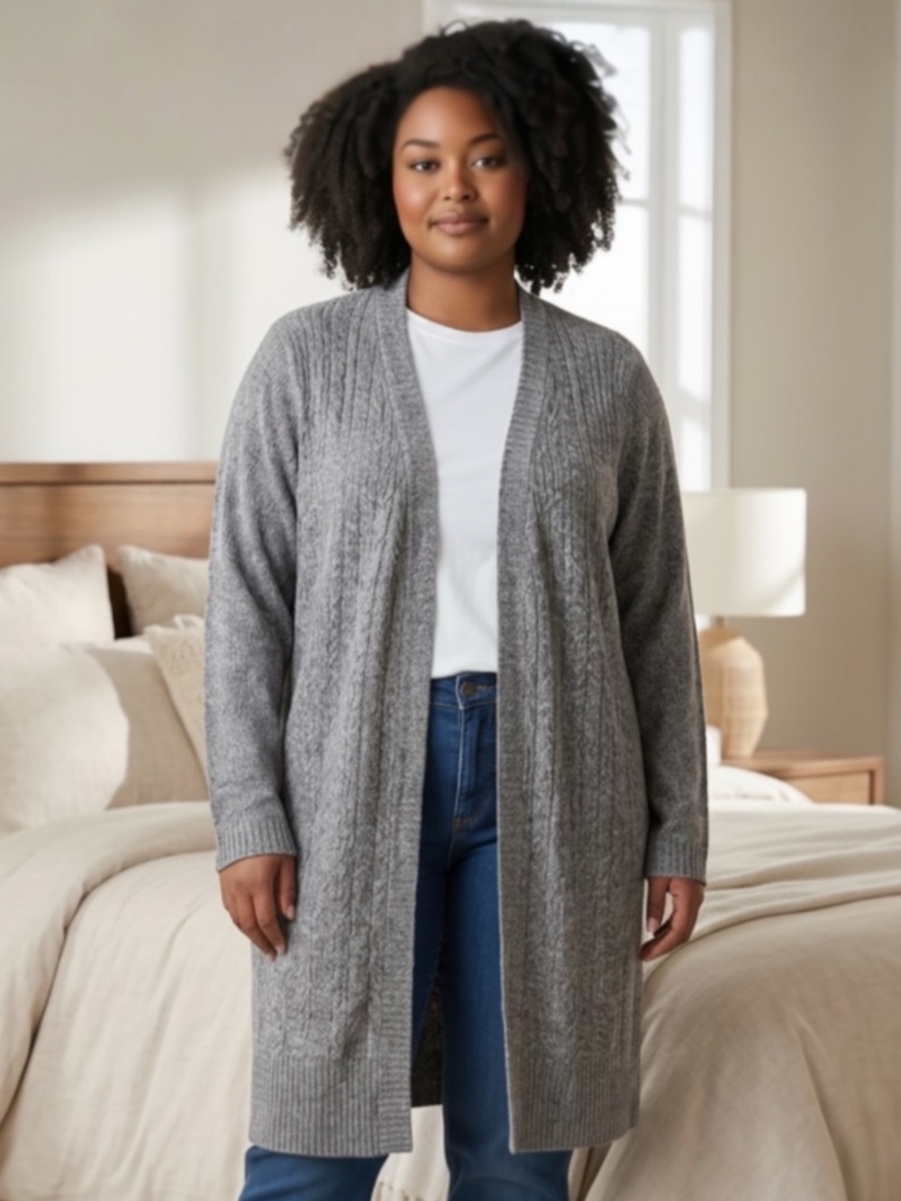 Karen Scott 3X Marled Open Front Cardigan Gray Longline Cozy NWT